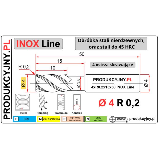 Frez z promieniem naroża fi 4 R0,2 INOX LINE
